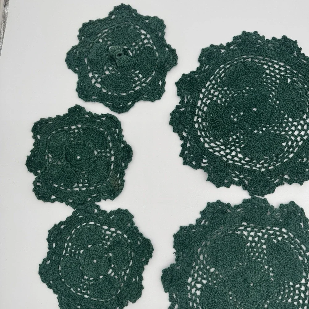 Vintage Crochet Doilies Lot 13 Green Burgundy‎ Cotton Holiday Cottagecore